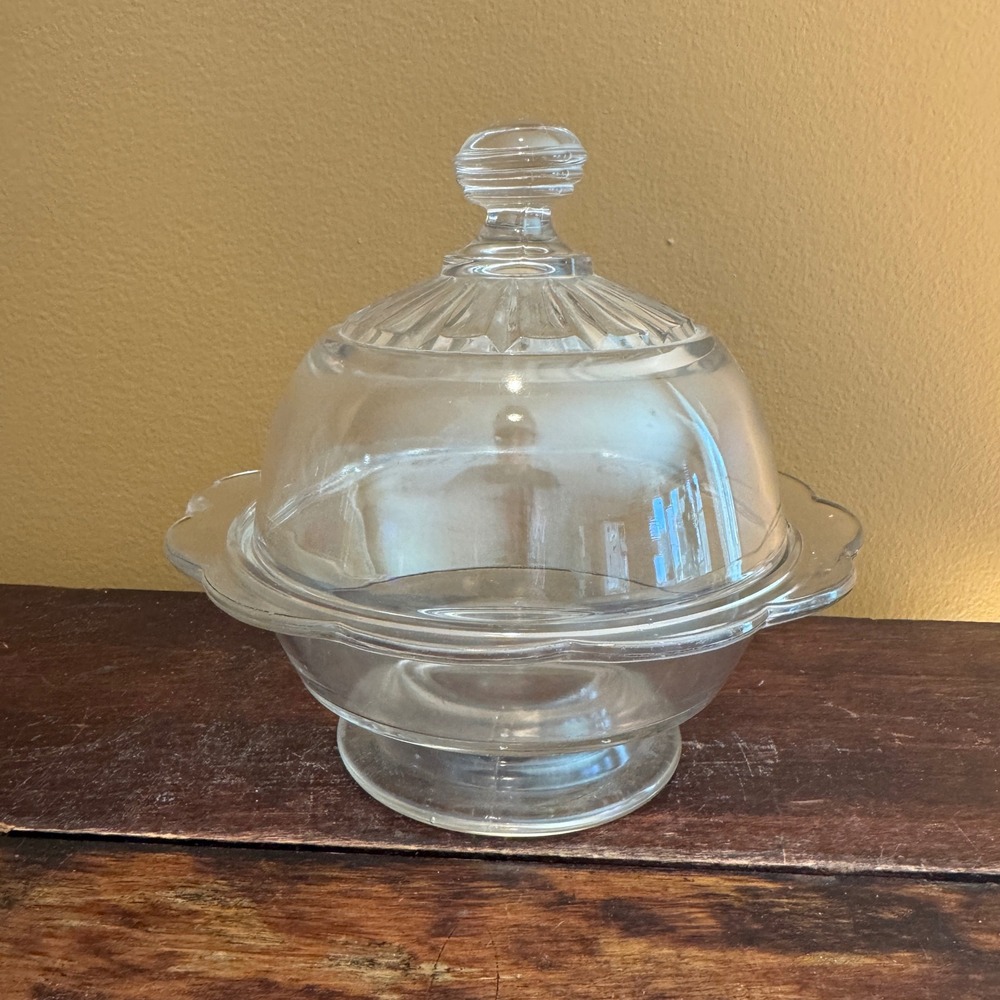 Vintage Clear Glass Dessert Butter Dish Cover with Scalloped‎ Edge and Lid